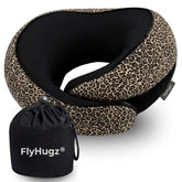 FlyHugz leopard front view showing compact support and stylish print benefit travel comfort