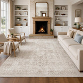 FMFUNCTEX front of 8x10 beige rug showing neutral vintage floral and inviting decor