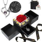 FOCIE preserved red rose in front packaging showing elegant presentation and lasting beauty
