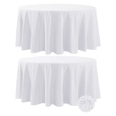 Fokitut front view of 120in white round tablecloth showing clean look and protection