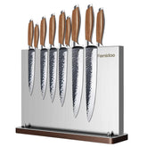 fomidao front view showing stainless steel face and wood base for organized storage