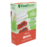 FoodSaver front packaging showing 11" x 16' roll and three-pack benefit