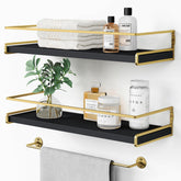 Forbena front view of two black and gold floating shelves showing boxed set and ready-to-install convenience