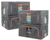 Fordonral front view of four gray linen storage bins showing neat stackability and design