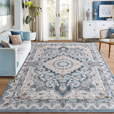 Foxmas front view of blue 6x9 rug showing full pattern and cozy appeal