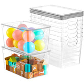 Freebat front view of six clear storage bins showing stackable uniformity and quick inventory