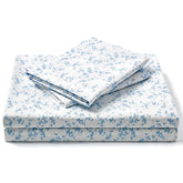 FreshCulture Lille queen set front view showing blue floral and neat fit benefits
