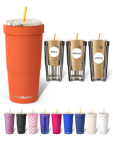 Frost Buddy front view showing orange tumbler and clear branding, durable travel convenience