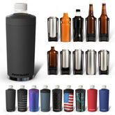 Frost Buddy front view showing sleek stainless steel and logo, durable travel-ready benefit