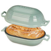 FRRLY front view of oval Dutch oven showing enamel finish and lid benefit even baking