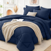 FUANNA front view of navy blue comforter set showing neat styling and easy bedroom refresh