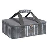 FUN ELEMENTS front view of grey casserole carrier showing capacity and shape benefits
