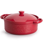 FUN ELEMENTS front view of red casserole dish showing shape and handles, decorative and durable