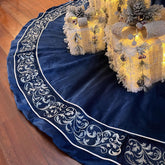 FunAcce blue velvet tree skirt front view showing elegant coverage and festive base