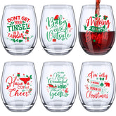 Funtery front view of boxed six-piece Christmas glass set, festive gift-ready