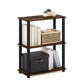 Furinno front view of amber pine three-tier shelf showing compact storage benefit