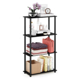 Furinno front view of shelving unit showing compact Americano finish and tidy storage benefit