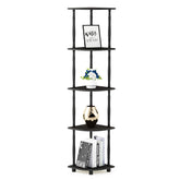 Furinno front view of corner rack showing five tiers and espresso finish for compact storage