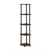 Furinno front view of amber pine corner shelf showing space-saving benefit