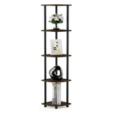 Furinno front view of corner shelf showing compact Columbia Walnut finish and space saving