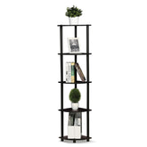 Furinno corner shelf front view showing compact dark walnut benefits storage