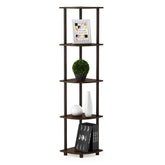 Furinno corner shelf front view showing walnut finish and compact footprint for small spaces