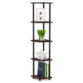 Furinno front view of corner shelf showing space-saving design and neat storage
