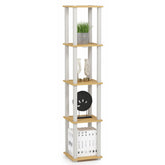 Furinno front view of beech white corner shelf showing compact storage benefit