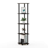 Furinno front view of 5-tier corner shelf showing compact footprint and neat storage benefit