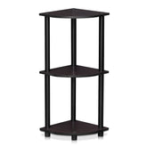 Furinno front view of 3-tier corner shelf showing compact storage benefit