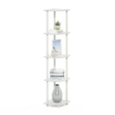 Furinno corner shelf front view showing compact vertical storage and neat organization