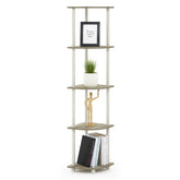 Furinno full front corner shelf showing compact vertical storage benefit