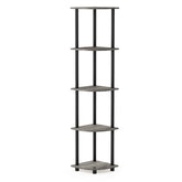 Furinno front view corner shelf showing compact footprint and storage benefit