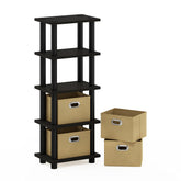 Furinno front view of espresso four-tier shelf showing space-saving benefit