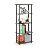 Furinno front view of 5-tier shelf showing French Oak finish and organized storage benefits