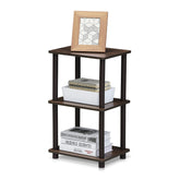 Furinno front view walnut shelf showing compact footprint and organized storage