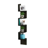 Furinno front view of 5-tier corner shelf showing compact storage benefit