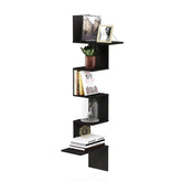 Furinno Rossi espresso front view showing five-tier zigzag shelves and space-saving benefit