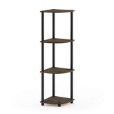 Furinno front view of 4-tier corner shelf showing compact footprint and display benefit