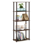Furinno front view of 5-tier walnut shelf showing organized storage benefit