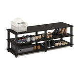 Furinno front view espresso rack showing three tiers and organized shoes benefit space-saving