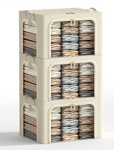 Furnhome front view of three beige storage bins showing size and lid benefits