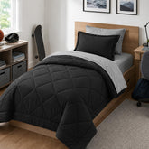 Furnishh front view of twin comforter showing coordinated black and grey look and easy styling