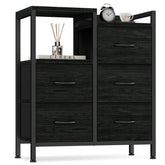 Furnulem front view of black 5-drawer dresser showing compact storage benefits