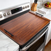 FUSOUBOTY front view of walnut stove cover showing expanded countertop benefit