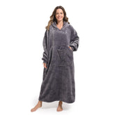 FUSSEDA front view of hooded blanket showing full coverage and cozy fit