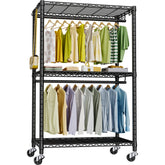FUTASSI front view assembled rack showing organized hanging clothes and shelves benefit
