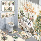 FuWeave shower curtain front view showing vintage holiday scene and easy-hang benefit