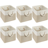 Geiserailie front view of six light brown cube bins showing neat uniform storage