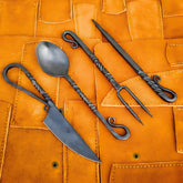 Generic front view feast set showing full Viking silverware and leather roll for authentic dining